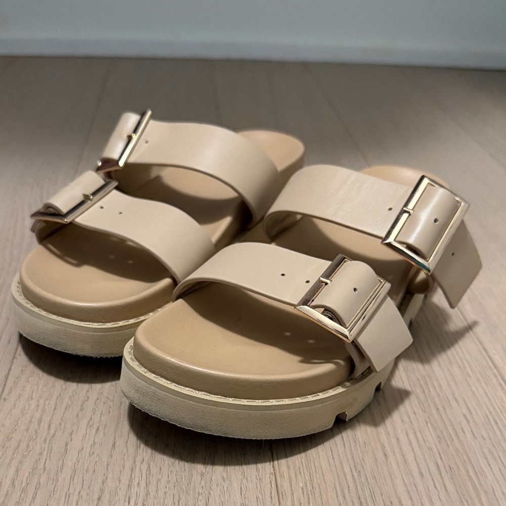 RAYE Cream Sandals with Gold Buckles